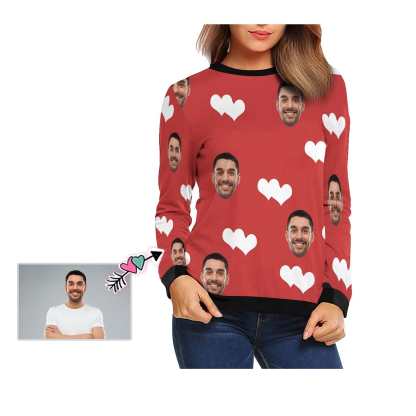 Custom Boyfriend Face Red Love Women's Casual Crew Neck Sweatshirt Personalized Long Sleeve Loose Sweatshirt, Best Gift For Her - YesCustom