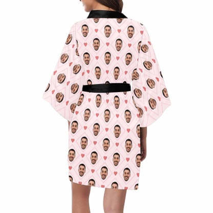 Custom Boyfriend Face Rhombus Women's Short Sleepwear Personalized Photo Pajamas Kimono Robe - YesCustom