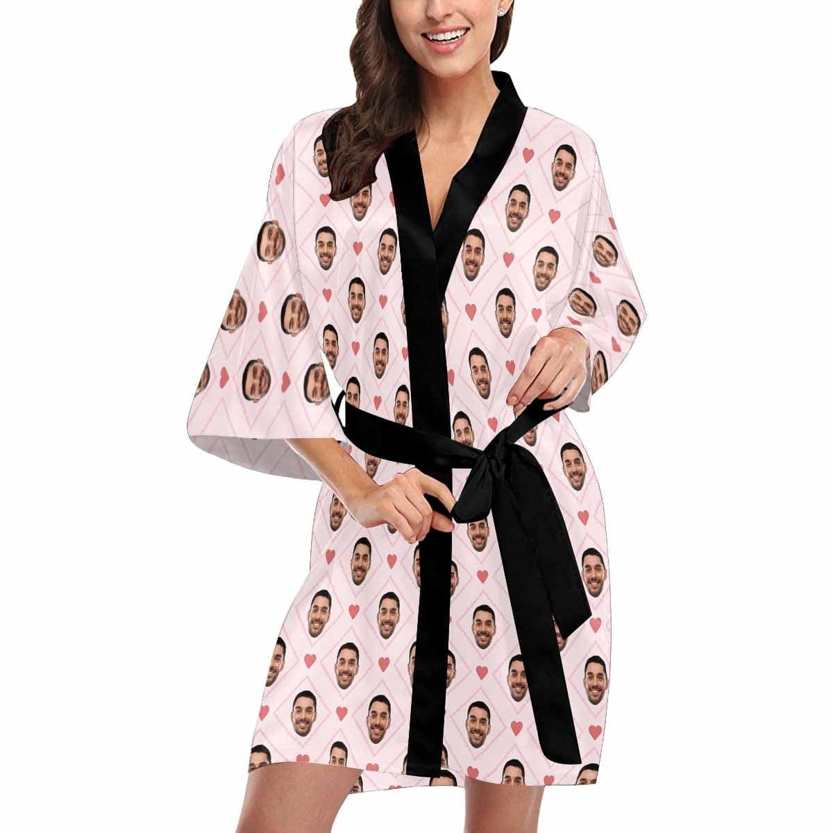 Custom Boyfriend Face Rhombus Women's Short Sleepwear Personalized Photo Pajamas Kimono Robe - YesCustom