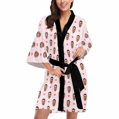 Custom Boyfriend Face Rhombus Women's Short Sleepwear Personalized Photo Pajamas Kimono Robe - YesCustom