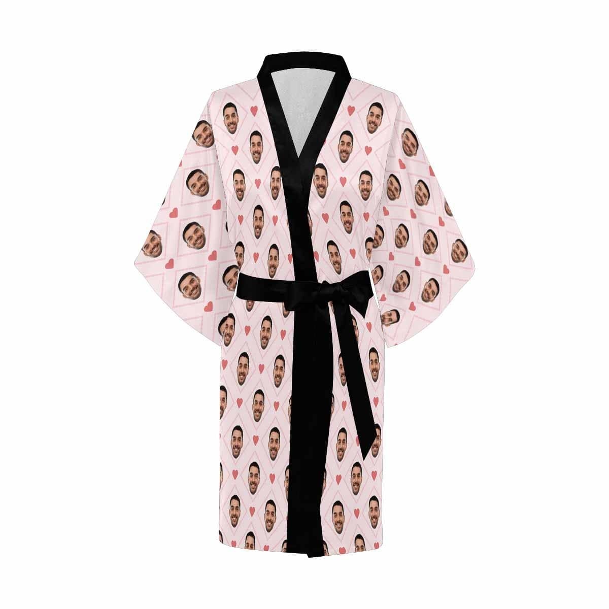 Custom Boyfriend Face Rhombus Women's Short Sleepwear Personalized Photo Pajamas Kimono Robe - YesCustom