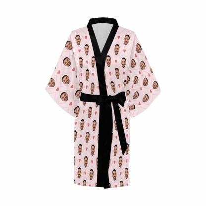 Custom Boyfriend Face Rhombus Women's Short Sleepwear Personalized Photo Pajamas Kimono Robe - YesCustom