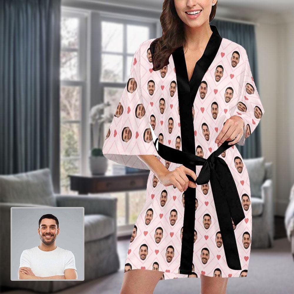 Custom Boyfriend Face Rhombus Women's Short Sleepwear Personalized Photo Pajamas Kimono Robe - YesCustom