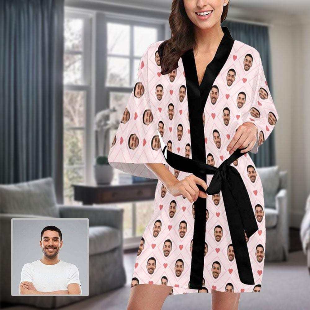 Custom Boyfriend Face Rhombus Women's Short Sleepwear Personalized Photo Pajamas Kimono Robe - YesCustom
