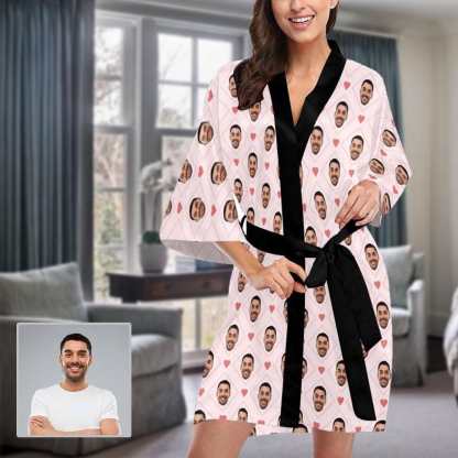 Custom Boyfriend Face Rhombus Women's Short Sleepwear Personalized Photo Pajamas Kimono Robe - YesCustom