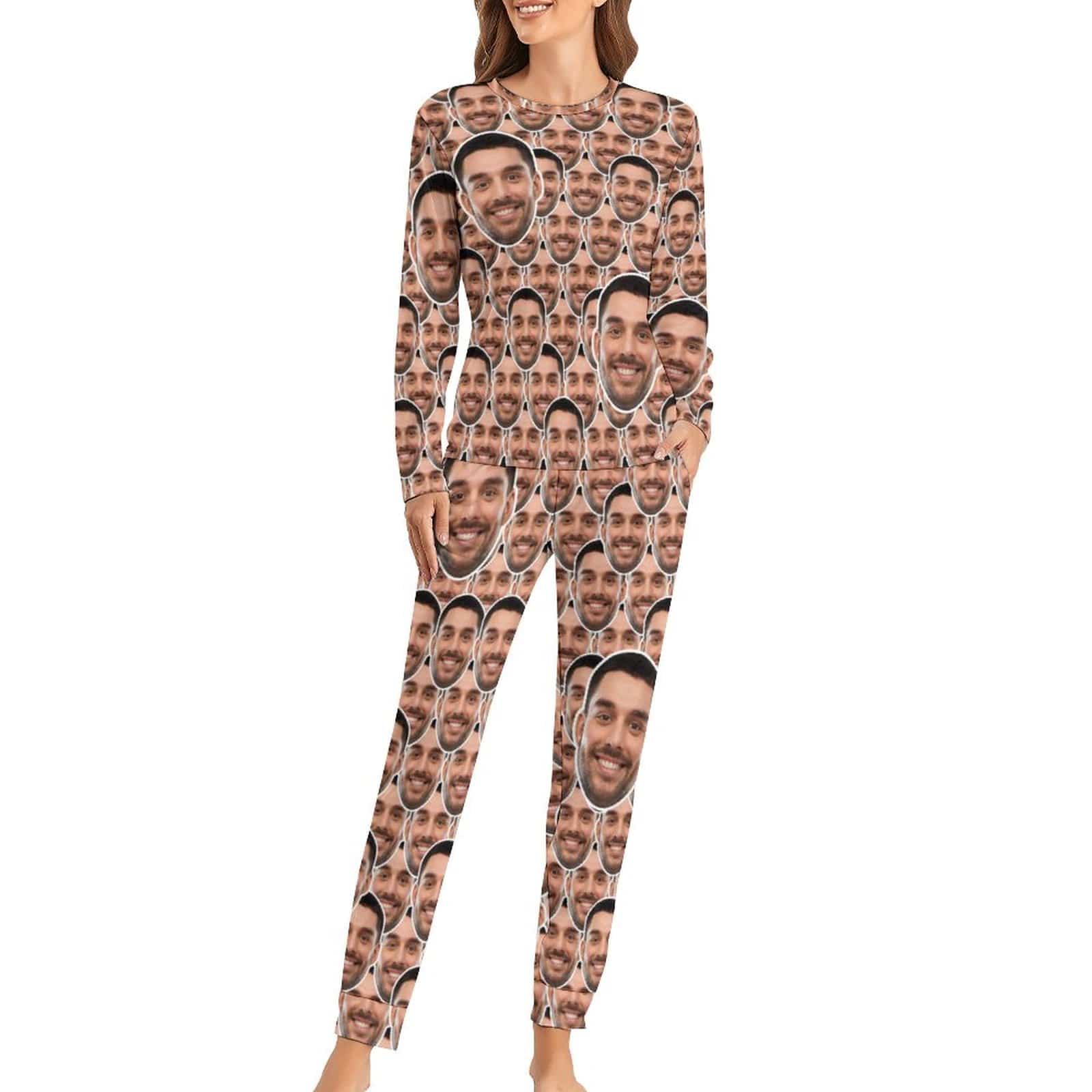 Custom Boyfriend Face Seamless Sleepwear Personalized Women's Slumber Party Crewneck Long Pajamas Set - YesCustom