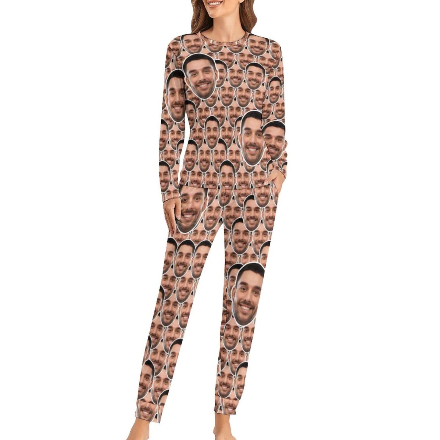 Custom Boyfriend Face Seamless Sleepwear Personalized Women's Slumber Party Crewneck Long Pajamas Set - YesCustom