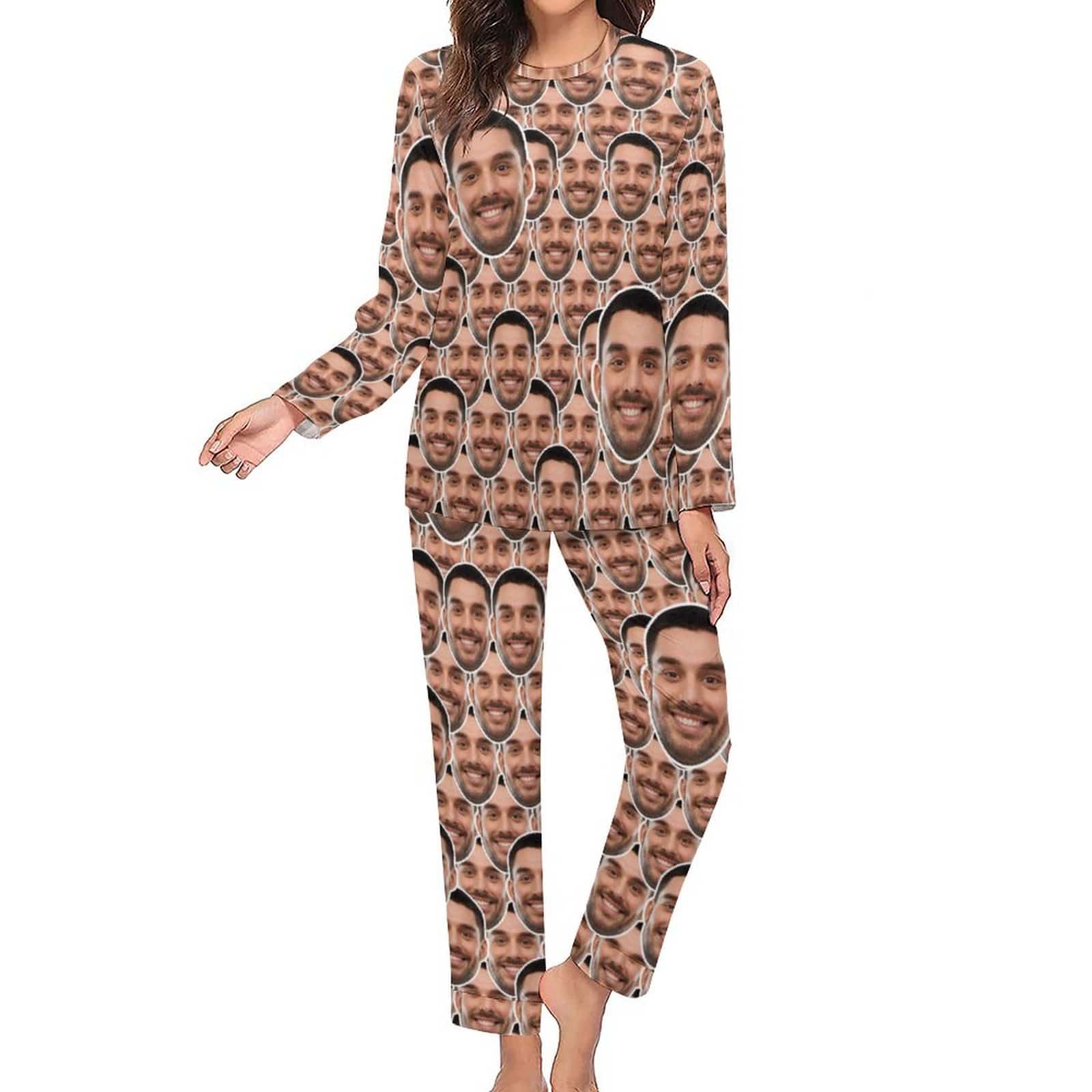 Custom Boyfriend Face Seamless Sleepwear Personalized Women's Slumber Party Crewneck Long Pajamas Set - YesCustom