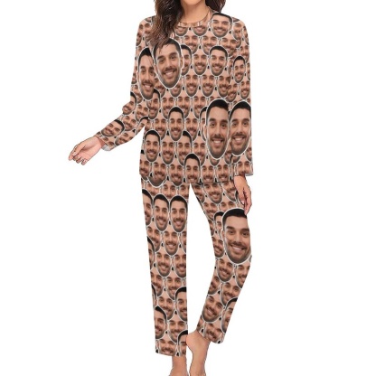 Custom Boyfriend Face Seamless Sleepwear Personalized Women's Slumber Party Crewneck Long Pajamas Set - YesCustom