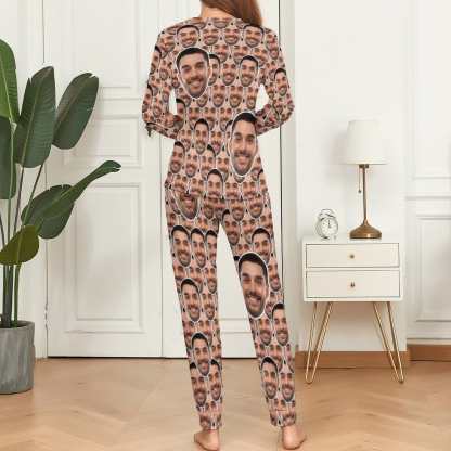 Custom Boyfriend Face Seamless Sleepwear Personalized Women's Slumber Party Crewneck Long Pajamas Set - YesCustom