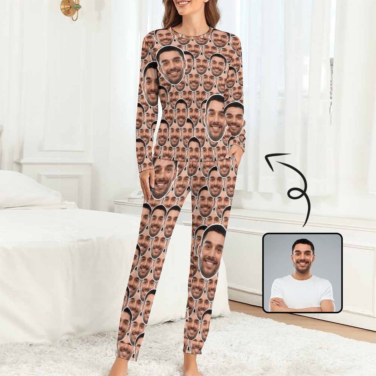 Custom Boyfriend Face Seamless Sleepwear Personalized Women's Slumber Party Crewneck Long Pajamas Set - YesCustom