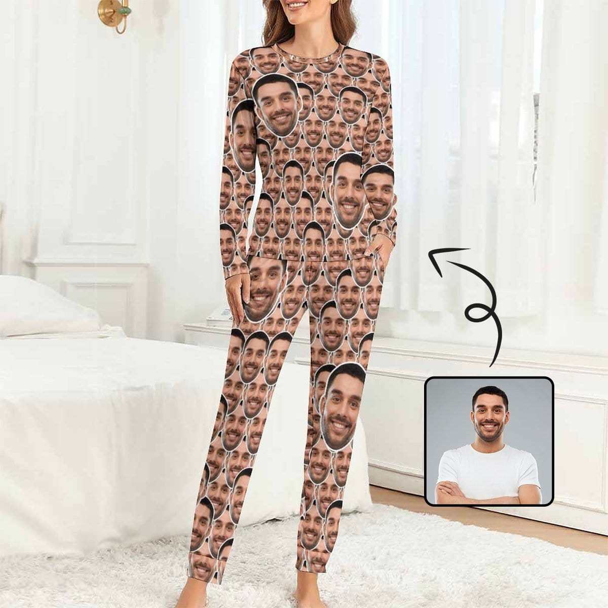 Custom Boyfriend Face Seamless Sleepwear Personalized Women's Slumber Party Crewneck Long Pajamas Set - YesCustom