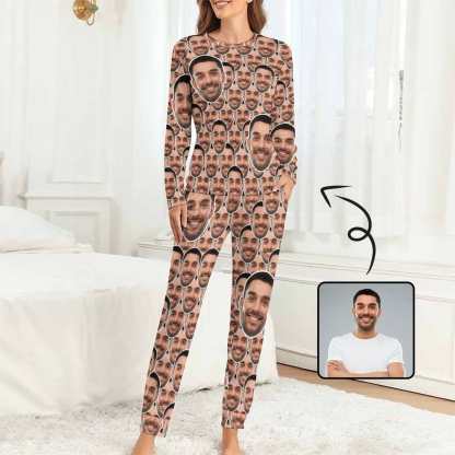 Custom Boyfriend Face Seamless Sleepwear Personalized Women's Slumber Party Crewneck Long Pajamas Set - YesCustom