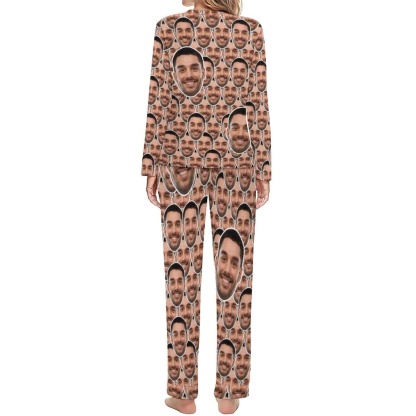 Custom Boyfriend Face Seamless Sleepwear Personalized Women's Slumber Party Crewneck Long Pajamas Set - YesCustom