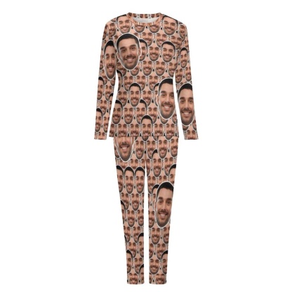Custom Boyfriend Face Seamless Sleepwear Personalized Women's Slumber Party Crewneck Long Pajamas Set - YesCustom