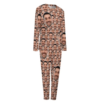 Custom Boyfriend Face Seamless Sleepwear Personalized Women's Slumber Party Crewneck Long Pajamas Set - YesCustom