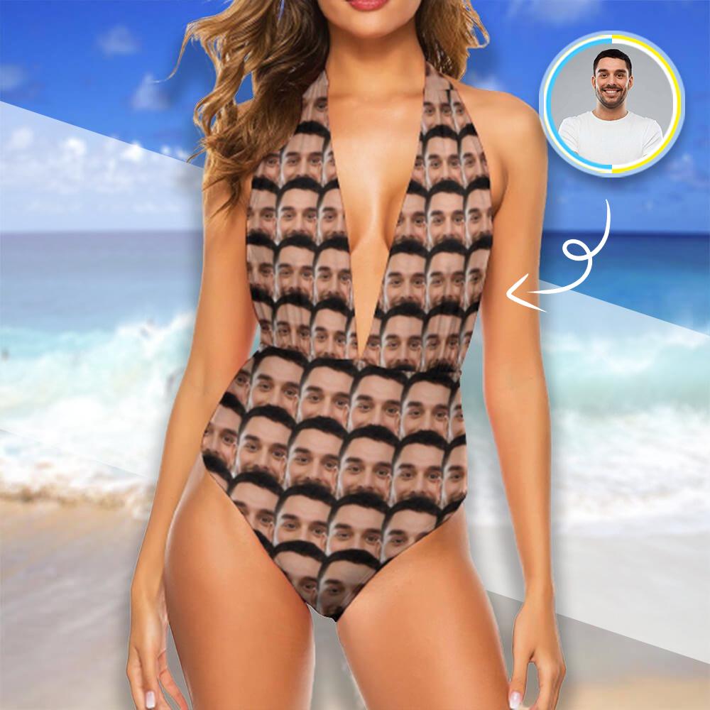 Custom Boyfriend Face Seamless Swimsuit Personalized Women's Backless V-Neck One Piece Bathing Suit Honeymoons For Her - YesCustom