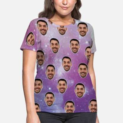 Custom Boyfriend Face Shirt Starry Sky Women's All Over Print T-shirt Design Your Own Shirts Gift for Valentine's Day - YesCustom