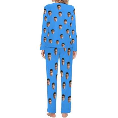 Custom Boyfriend Face Simple Sleepwear Personalized Women's Slumber Party Crewneck Long Pajamas Set - YesCustom