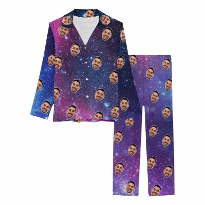 Custom Boyfriend Face Starry Sky Pajamas Personalized Women's Slumber Party Long Pajama Set - YesCustom