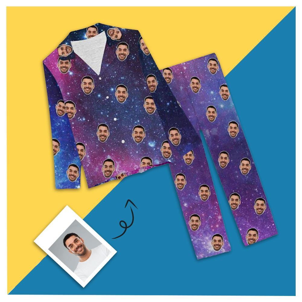 Custom Custom Boyfriend Face Starry Sky Pajamas Personalized Women's Slumber Party Long Pajama Set - YesCustom