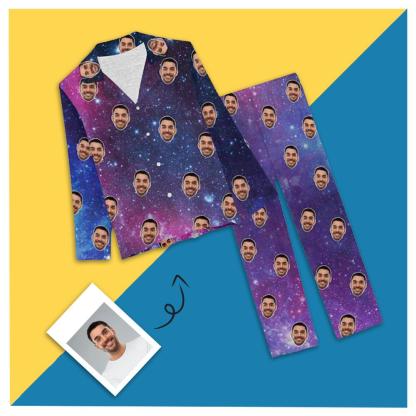 Custom Custom Boyfriend Face Starry Sky Pajamas Personalized Women's Slumber Party Long Pajama Set - YesCustom