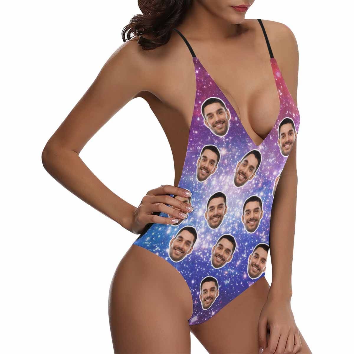Custom Custom Boyfriend Face Starry Sky Swimsuit Personalized Women's One-Piece Bathing Suit Gift For Her - YesCustom