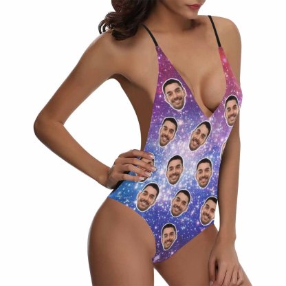 Custom Custom Boyfriend Face Starry Sky Swimsuit Personalized Women's One-Piece Bathing Suit Gift For Her - YesCustom