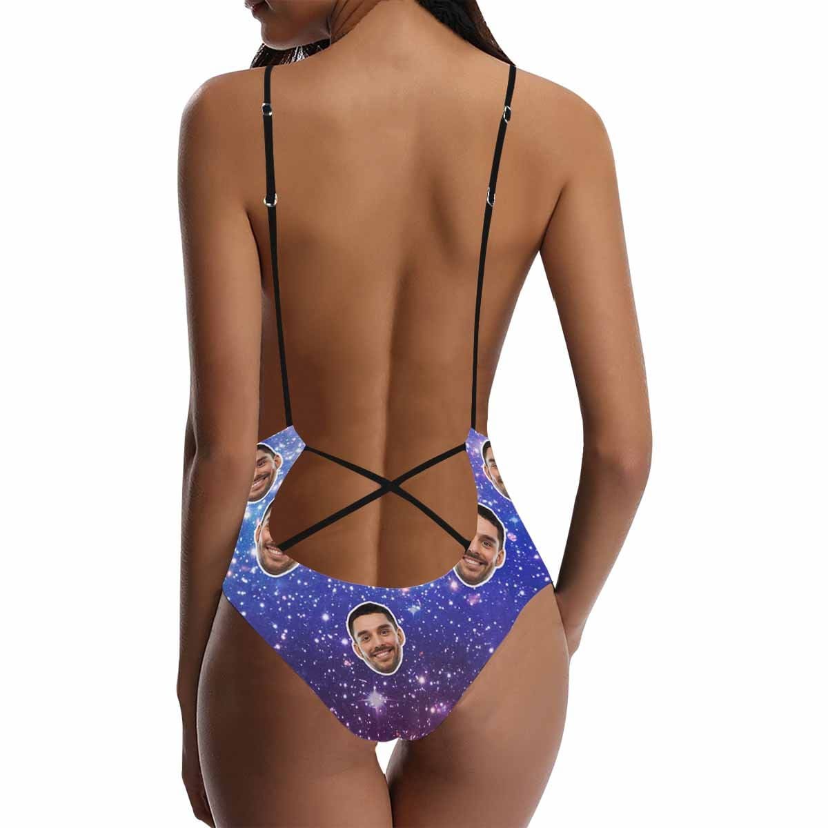 Custom Custom Boyfriend Face Starry Sky Swimsuit Personalized Women's One-Piece Bathing Suit Gift For Her - YesCustom