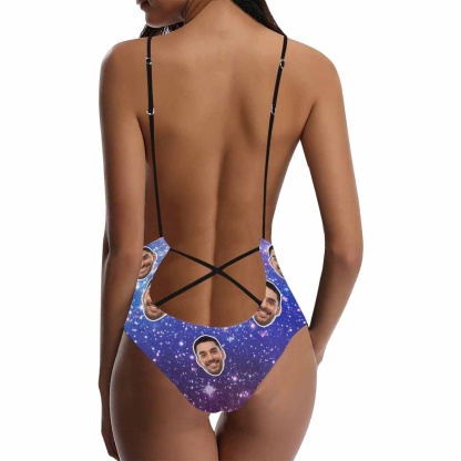 Custom Custom Boyfriend Face Starry Sky Swimsuit Personalized Women's One-Piece Bathing Suit Gift For Her - YesCustom