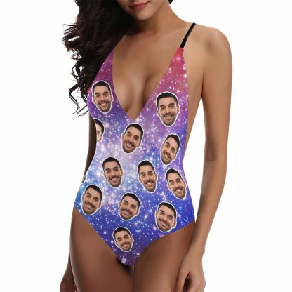Custom Custom Boyfriend Face Starry Sky Swimsuit Personalized Women's One-Piece Bathing Suit Gift For Her - YesCustom
