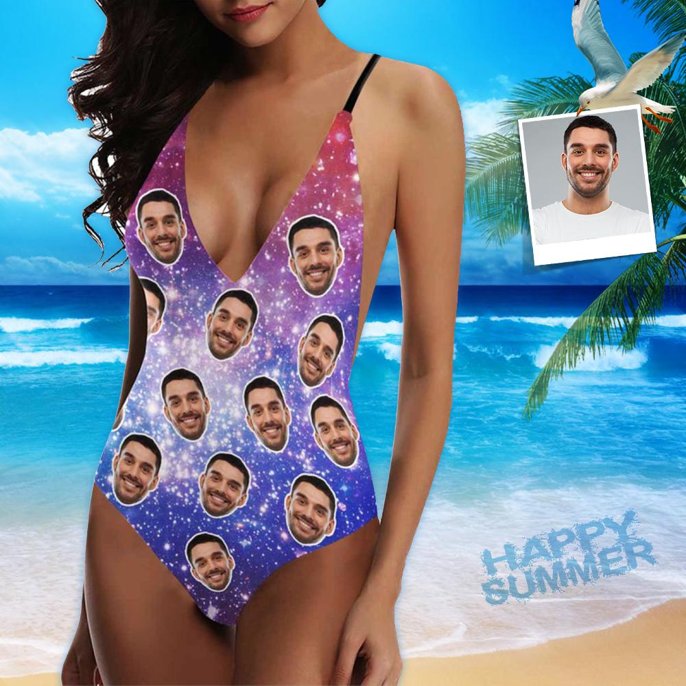 Custom Custom Boyfriend Face Starry Sky Swimsuit Personalized Women's One-Piece Bathing Suit Gift For Her - YesCustom