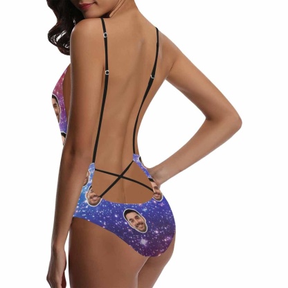 Custom Custom Boyfriend Face Starry Sky Swimsuit Personalized Women's One-Piece Bathing Suit Gift For Her - YesCustom