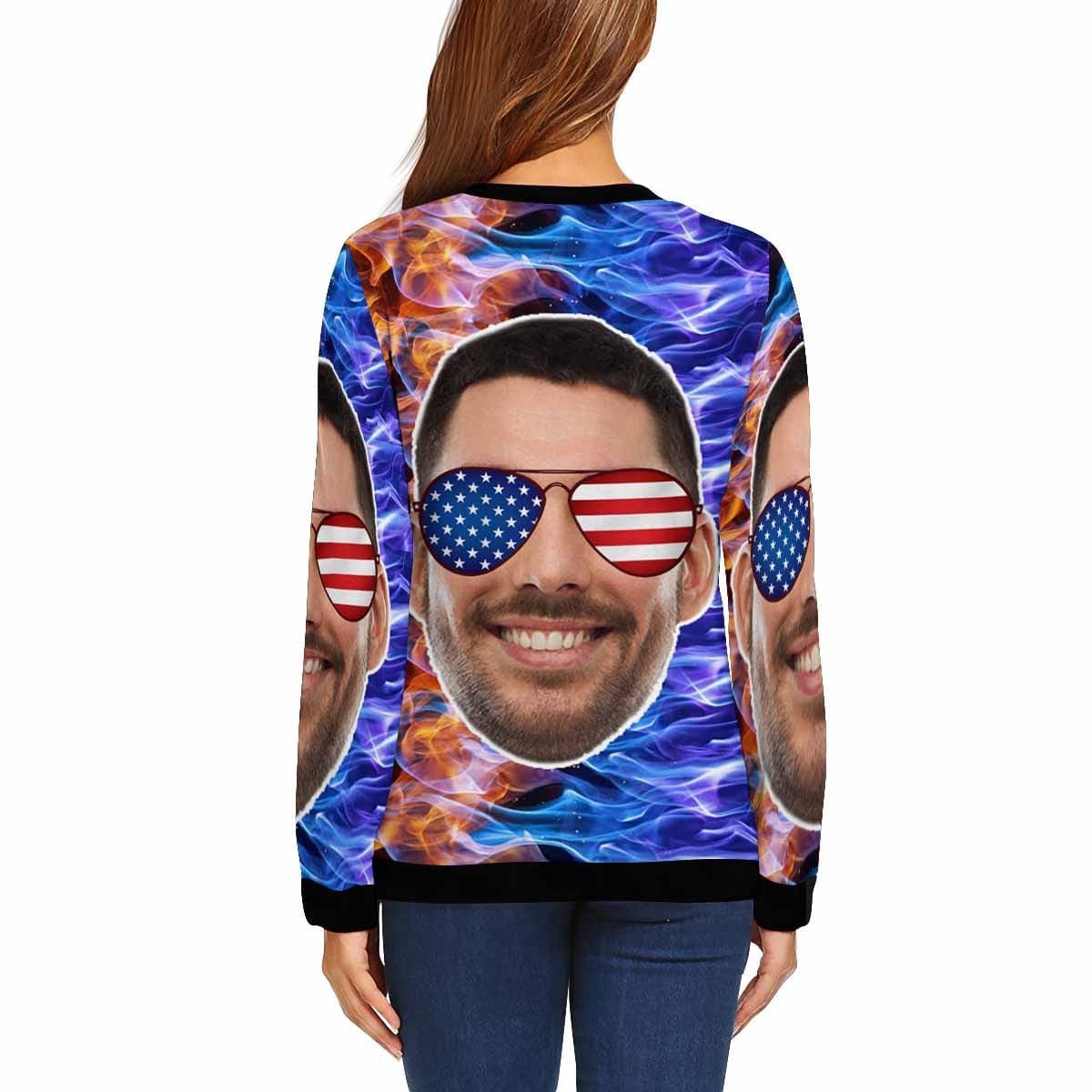 Custom Custom Boyfriend Face Stars Stripes Glasses Women's Casual Crew Neck Sweatshirt Personalized Long Sleeve Loose Sweatshirt, Best Gift For Her - YesCustom