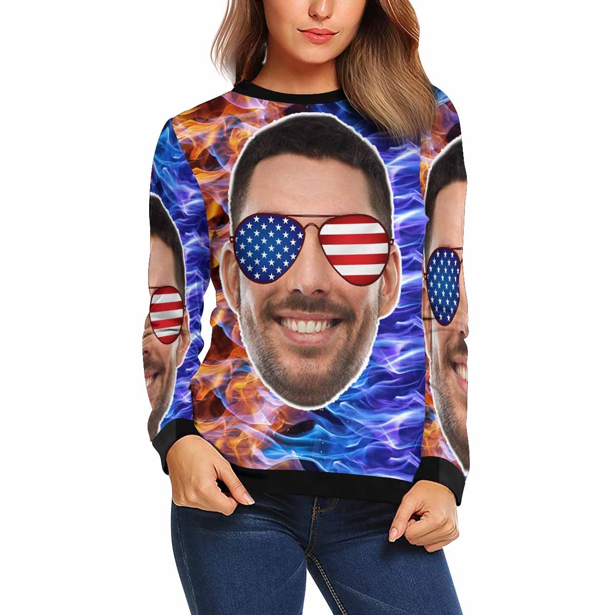 Custom Custom Boyfriend Face Stars Stripes Glasses Women's Casual Crew Neck Sweatshirt Personalized Long Sleeve Loose Sweatshirt, Best Gift For Her - YesCustom