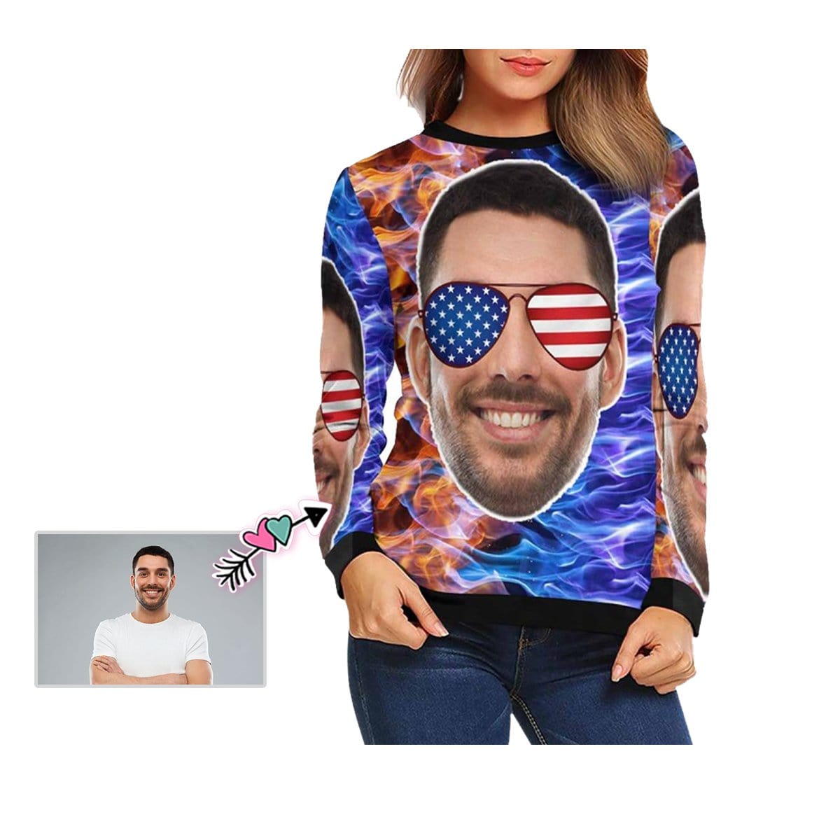 Custom Custom Boyfriend Face Stars Stripes Glasses Women's Casual Crew Neck Sweatshirt Personalized Long Sleeve Loose Sweatshirt, Best Gift For Her - YesCustom