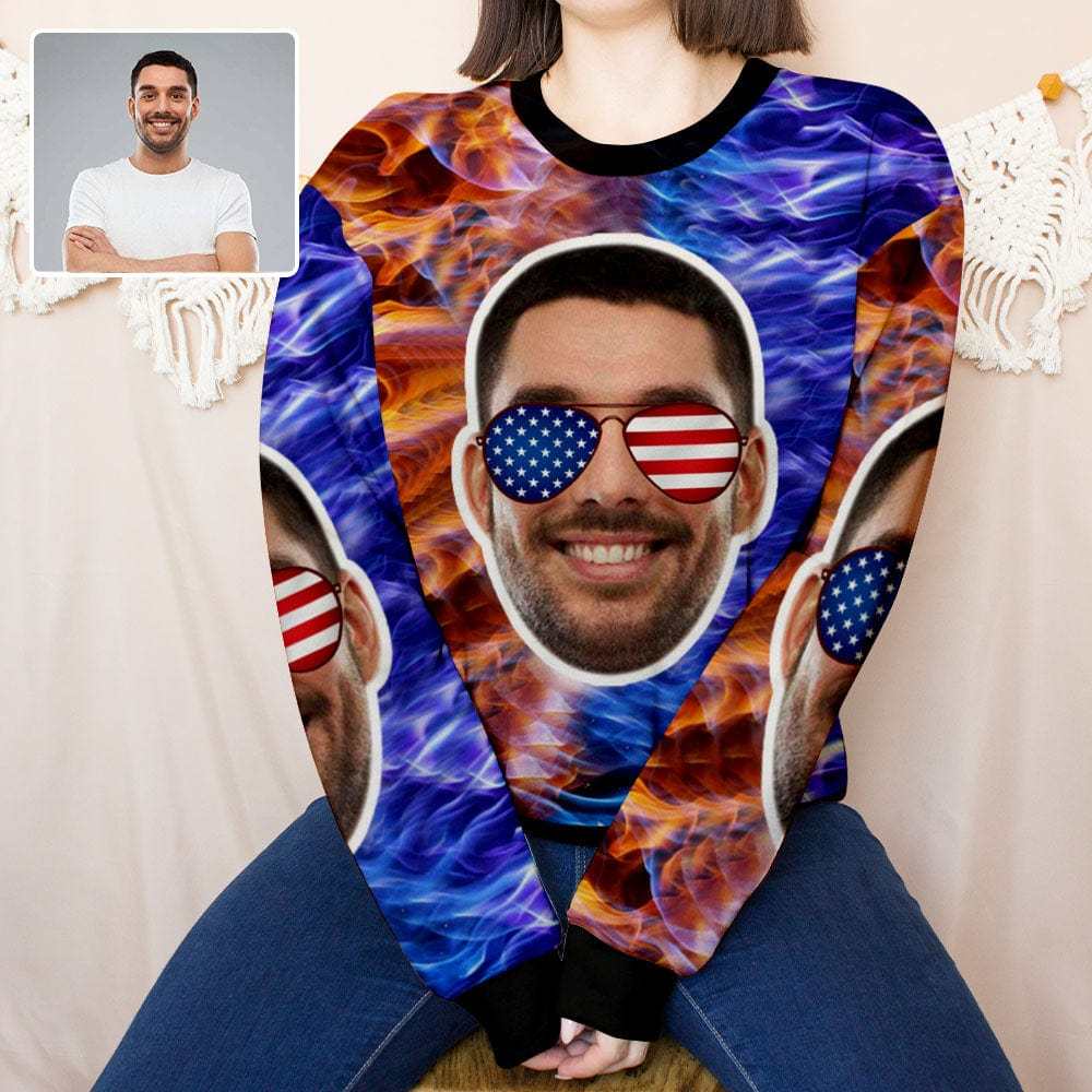 Custom Custom Boyfriend Face Stars Stripes Glasses Women's Casual Crew Neck Sweatshirt Personalized Long Sleeve Loose Sweatshirt, Best Gift For Her - YesCustom