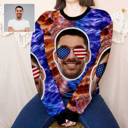 Custom Custom Boyfriend Face Stars Stripes Glasses Women's Casual Crew Neck Sweatshirt Personalized Long Sleeve Loose Sweatshirt, Best Gift For Her - YesCustom