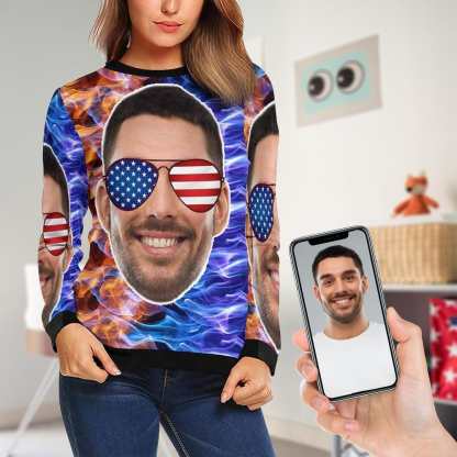 Custom Custom Boyfriend Face Stars Stripes Glasses Women's Casual Crew Neck Sweatshirt Personalized Long Sleeve Loose Sweatshirt, Best Gift For Her - YesCustom