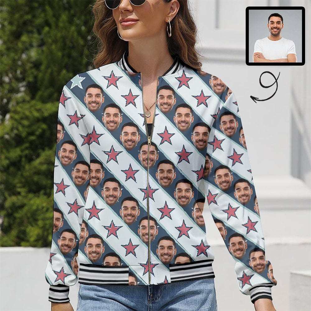 Custom Custom Boyfriend Face Stripes Stars Women's Casual Jacket - YesCustom
