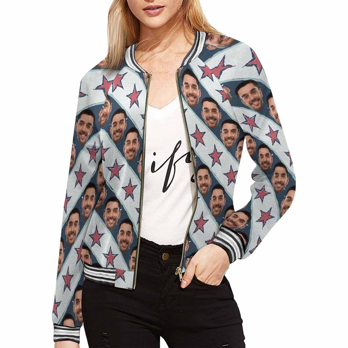 Custom Custom Boyfriend Face Stripes Stars Women's Casual Jacket - YesCustom