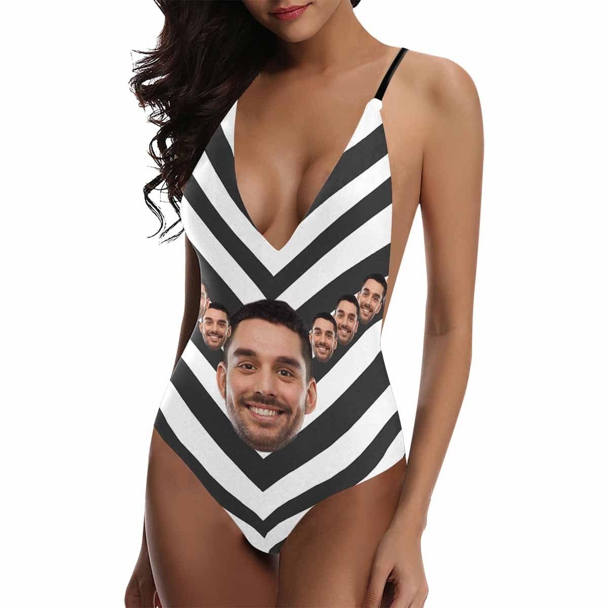 Custom Custom Boyfriend Face Swimsuit Zebra Crossing Personalized Women's One-Piece Bathing Suit Bachelorette Party - YesCustom