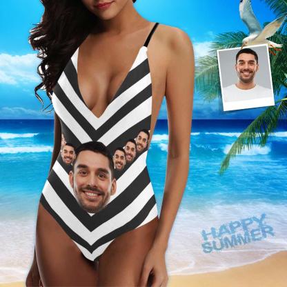 Custom Custom Boyfriend Face Swimsuit Zebra Crossing Personalized Women's One-Piece Bathing Suit Bachelorette Party - YesCustom