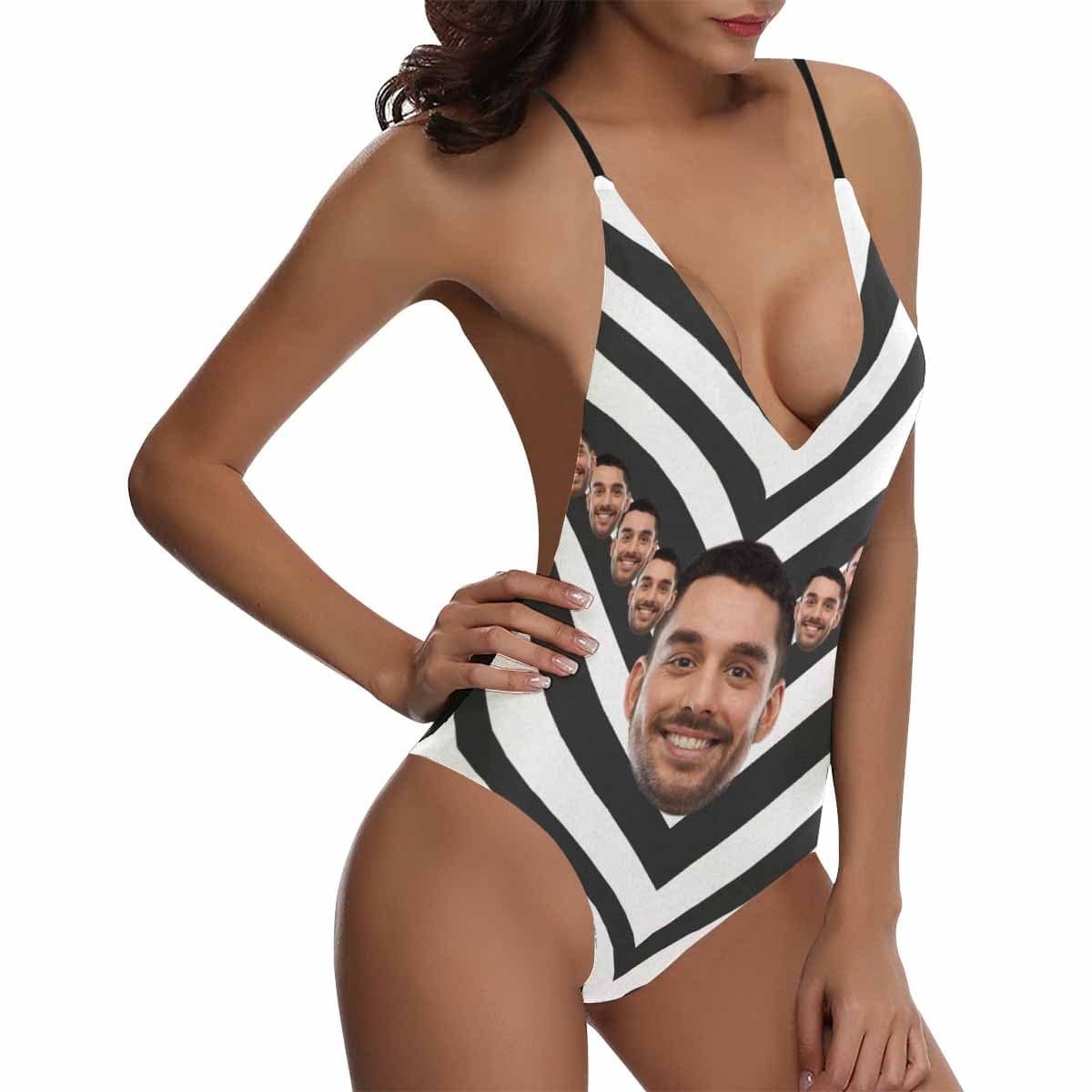Custom Custom Boyfriend Face Swimsuit Zebra Crossing Personalized Women's One-Piece Bathing Suit Bachelorette Party - YesCustom