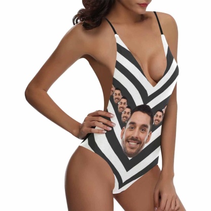 Custom Custom Boyfriend Face Swimsuit Zebra Crossing Personalized Women's One-Piece Bathing Suit Bachelorette Party - YesCustom