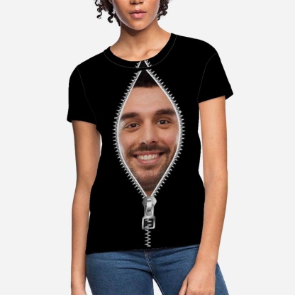 Custom Custom Boyfriend Face Tee Black Zipper Personalized Women's All Over Print T-shirt My Face on A Shirt Gift for Her - YesCustom