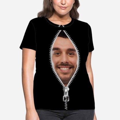 Custom Custom Boyfriend Face Tee Black Zipper Personalized Women's All Over Print T-shirt My Face on A Shirt Gift for Her - YesCustom