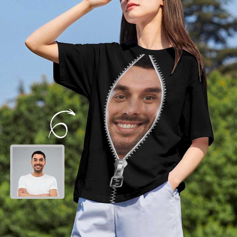 Custom Custom Boyfriend Face Tee Black Zipper Personalized Women's All Over Print T-shirt My Face on A Shirt Gift for Her - YesCustom