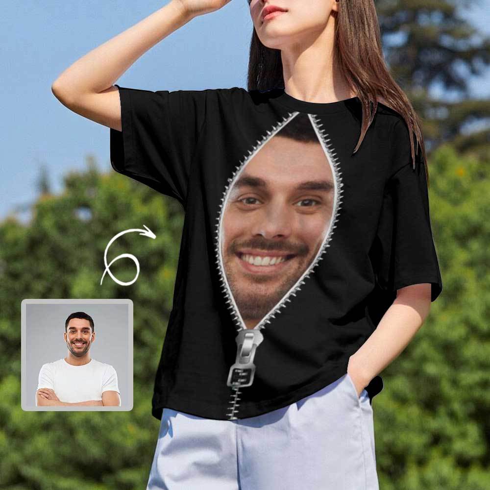 Custom Custom Boyfriend Face Tee Black Zipper Personalized Women's All Over Print T-shirt My Face on A Shirt Gift for Her - YesCustom