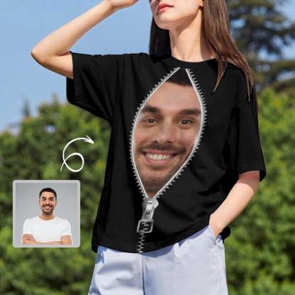Custom Custom Boyfriend Face Tee Black Zipper Personalized Women's All Over Print T-shirt My Face on A Shirt Gift for Her - YesCustom